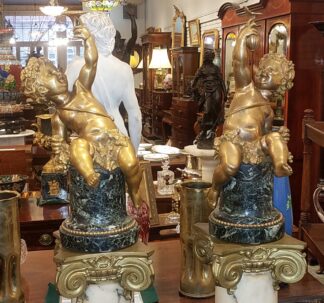 Pr Bronze Dore Bacante Cherubs on Marble Plinths