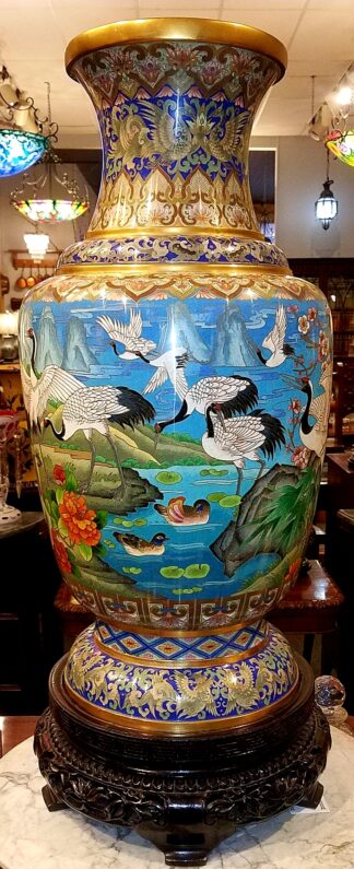 Monumental Cloisonne Vase With Cranes