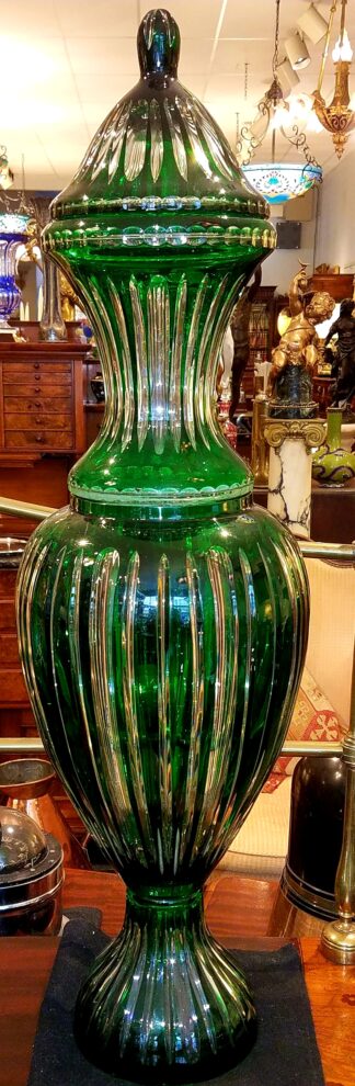 Large Pair Emerald Green Bohemian Lidded Urns