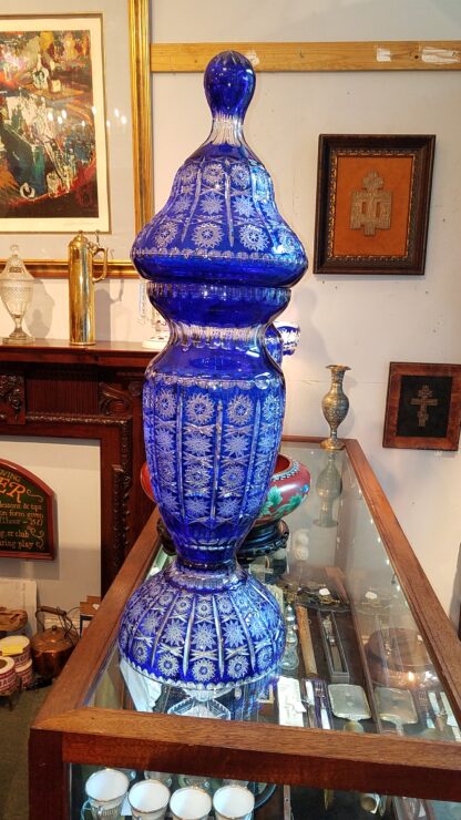 Pair Cobalt Blue Cut To Clear Lidded Urns