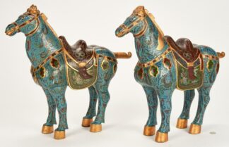 Pair of Chinese Wooden Horses, Cloisonne Style