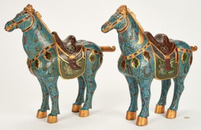 Pair of Chinese Wooden Horses, Cloisonne Style