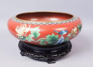 Lg Chinese Cloisonne Birds and Flowers Centerpiece Bowl