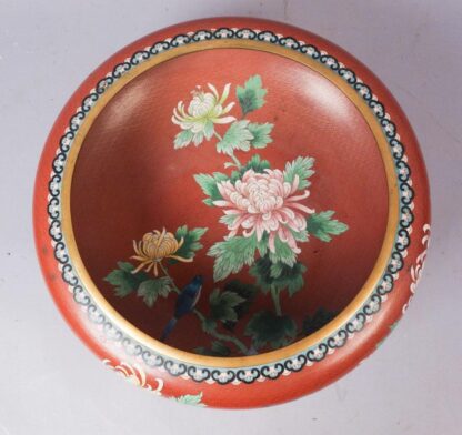 Lg Chinese Cloisonne Birds and Flowers Centerpiece Bowl - Image 2
