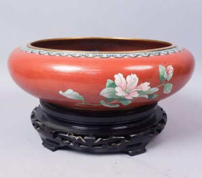 Lg Chinese Cloisonne Birds and Flowers Centerpiece Bowl - Image 3