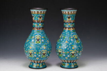 PAIR CHINESE BLUE GROUND CLOISONNE VASES