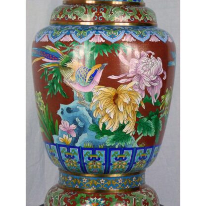 LARGE CHINESE CLOISONNE PEACOCK VASE 29" - Image 3