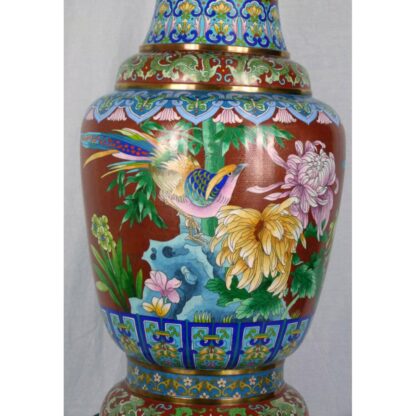 LARGE CHINESE CLOISONNE PEACOCK VASE 29" - Image 5