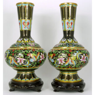 PR CHINESE CLOISONNE BLACK GROUND FLORAL VASES