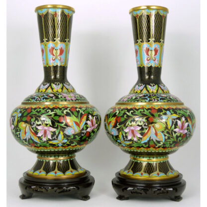 PR CHINESE CLOISONNE BLACK GROUND FLORAL VASES