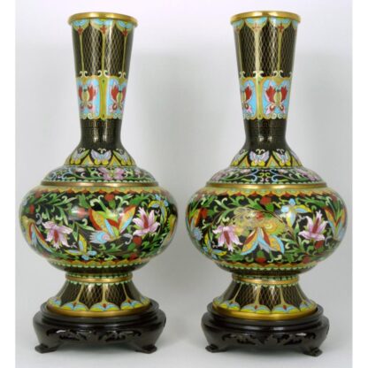 PR CHINESE CLOISONNE BLACK GROUND FLORAL VASES - Image 2