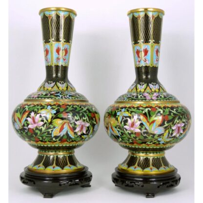 PR CHINESE CLOISONNE BLACK GROUND FLORAL VASES - Image 3