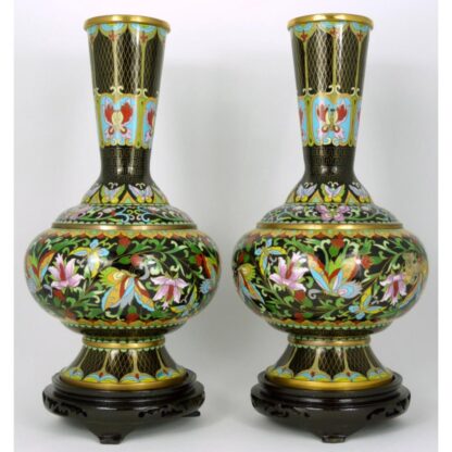 PR CHINESE CLOISONNE BLACK GROUND FLORAL VASES - Image 5