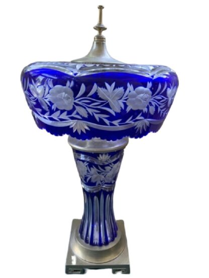 COBALT BLUE CUT TO CLEAR BOHEMIAN GLASS LAMP - Image 2