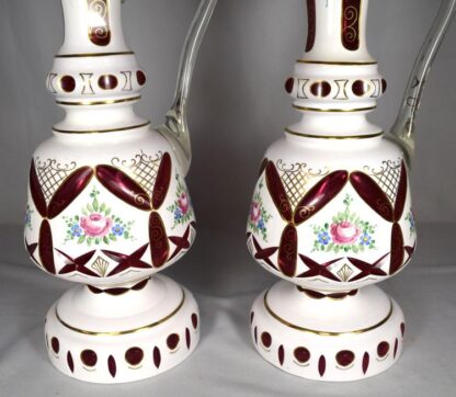PAIR OF BOHEMIAN WHITE CUT TO CRANBERRY EWERS - Image 2