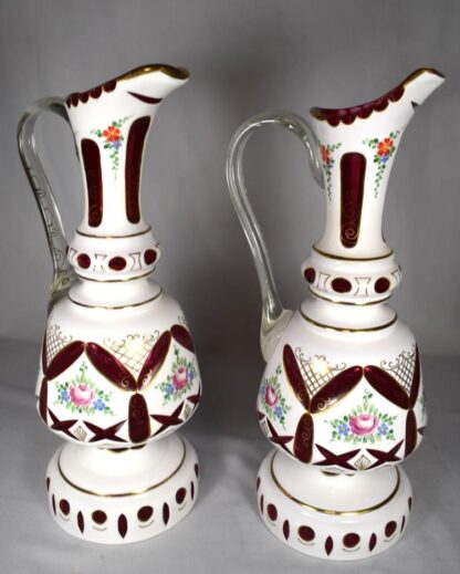 PAIR OF BOHEMIAN WHITE CUT TO CRANBERRY EWERS - Image 3